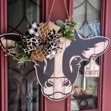 Personalized Cow Front Door Sign Cow Print Wreath