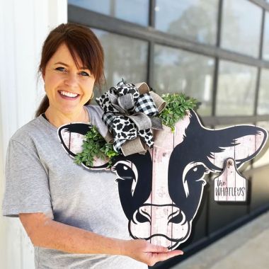 Personalized Cow Front Door Sign Cow Print Wreath