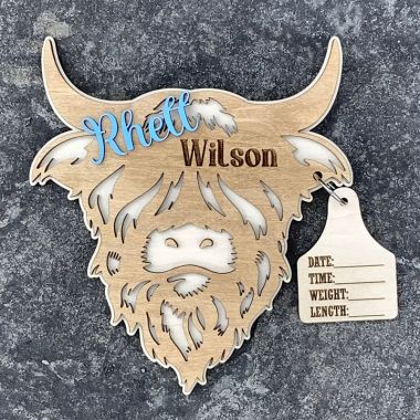 Highland Cow Milestone Markers Baby Photo Prop Hospital Announcement Personalized Cow Ear Tag